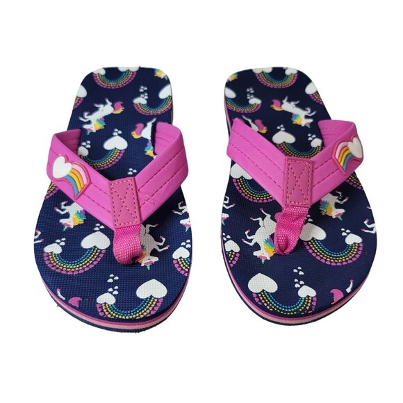 2/$15 Wonder Nation Girls Heart Flip Flops Blue Size 2-3 Slip On Rainbow Unicorn - Picture 2 of 14